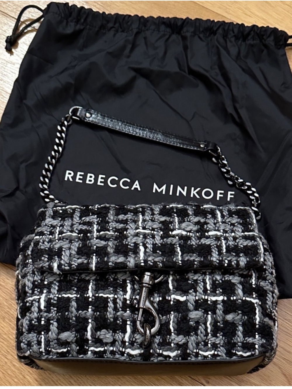 Rebecca Minkoff Edie tweed shoulder bag black and white - Picture 1 of 5
